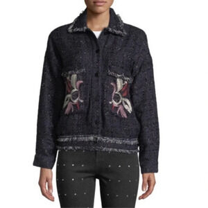FOXIEDOX Women's Blue Embroidered Takeo Tweed Frayed Boho Jacket Size L